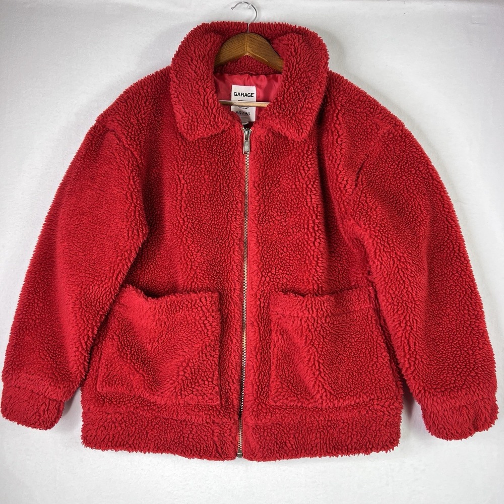 Garage Red Teddy Sherpa Zip Up Plush Fleece Oversized Jacket M/L